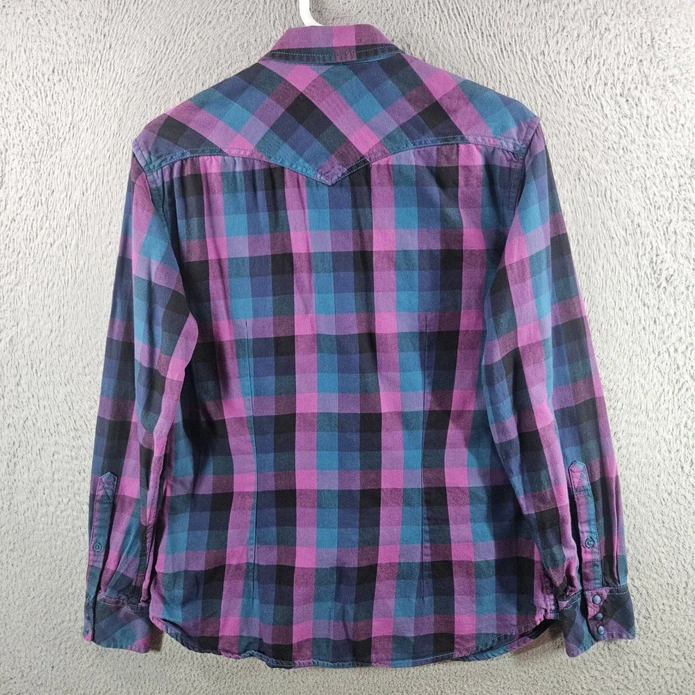 Diesel Co Mens Plaid Western Snap Button Down Shirt Purple Blue Black Small S‎